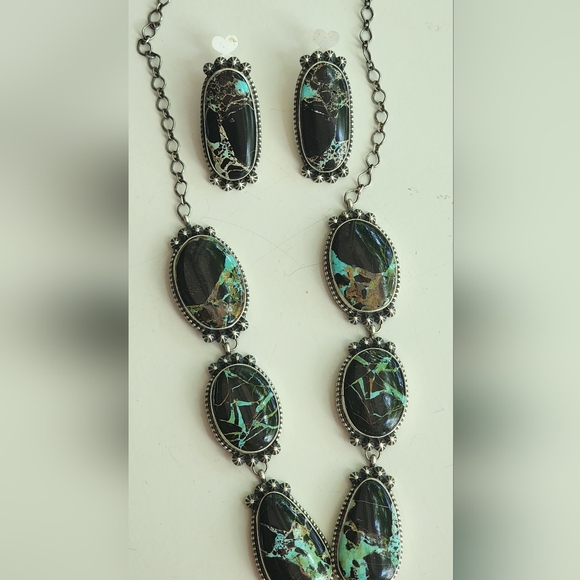 Dave Skeets Blackjack Turquoise Lariat And Earrings Set Sterling BIG - Picture 3 of 6
